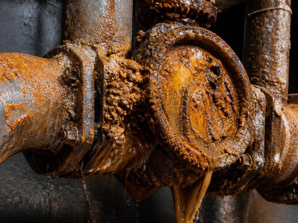 Rusted industrial pipes with iron scale before Aquafit Technologies treatment